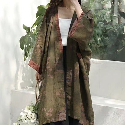 Bohemian Cotton Linen Print Large Pockets Mid-Length