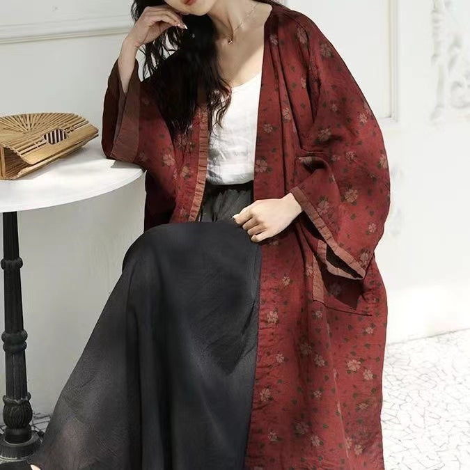 Bohemian Cotton Linen Print Large Pockets Mid-Length