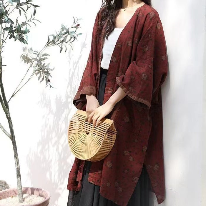 Bohemian Cotton Linen Print Large Pockets Mid-Length