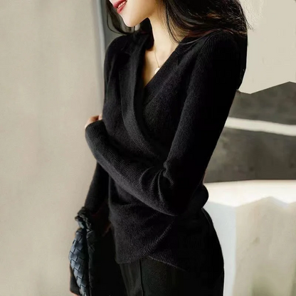 V-neck lapel asymmetric design slim jumper