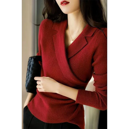 V-neck lapel asymmetric design slim jumper