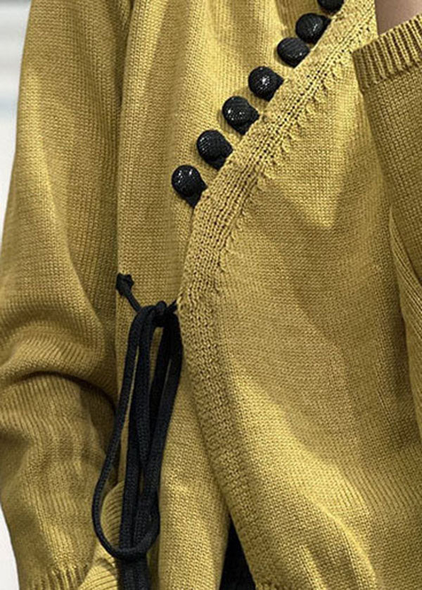 Vintage Yellow Asymmetric Design Tie Knit Baidu Sweater