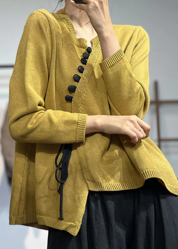 Vintage Yellow Asymmetric Design Tie Knit Baidu Sweater