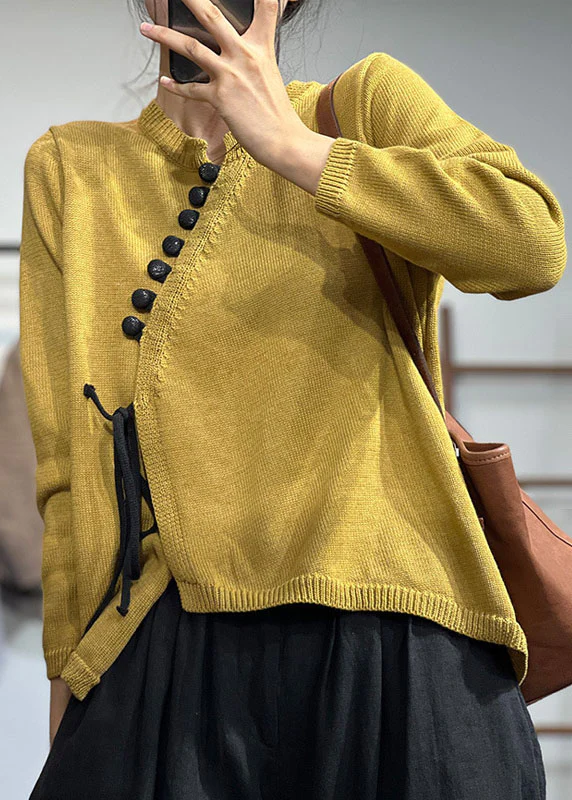 Vintage Yellow Asymmetric Design Tie Knit Baidu Sweater