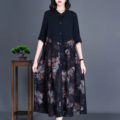 Loose Floral Printed Linen Shirt Long Sleeve Dress