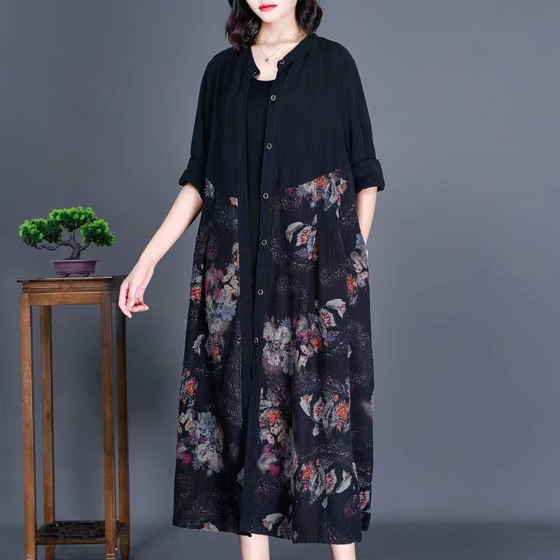 Loose Floral Printed Linen Shirt Long Sleeve Dress