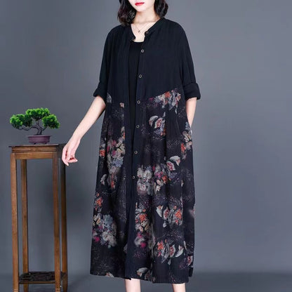 Loose Floral Printed Linen Shirt Long Sleeve Dress