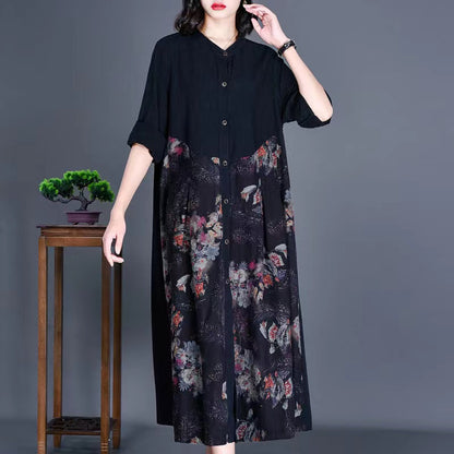 Loose Floral Printed Linen Shirt Long Sleeve Dress