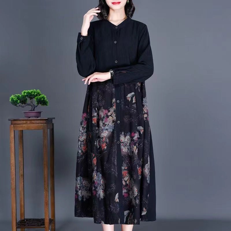 Loose Floral Printed Linen Shirt Long Sleeve Dress
