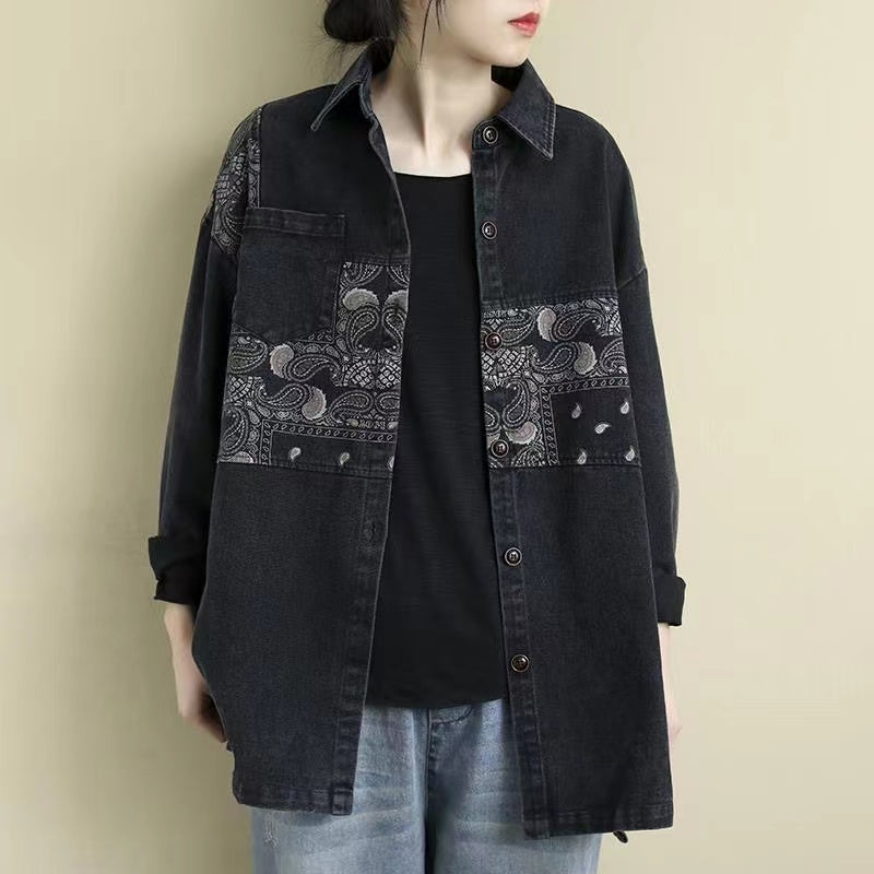 French Denim Cashew Print Long Sleeve Jacket