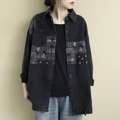 French Denim Cashew Print Long Sleeve Jacket