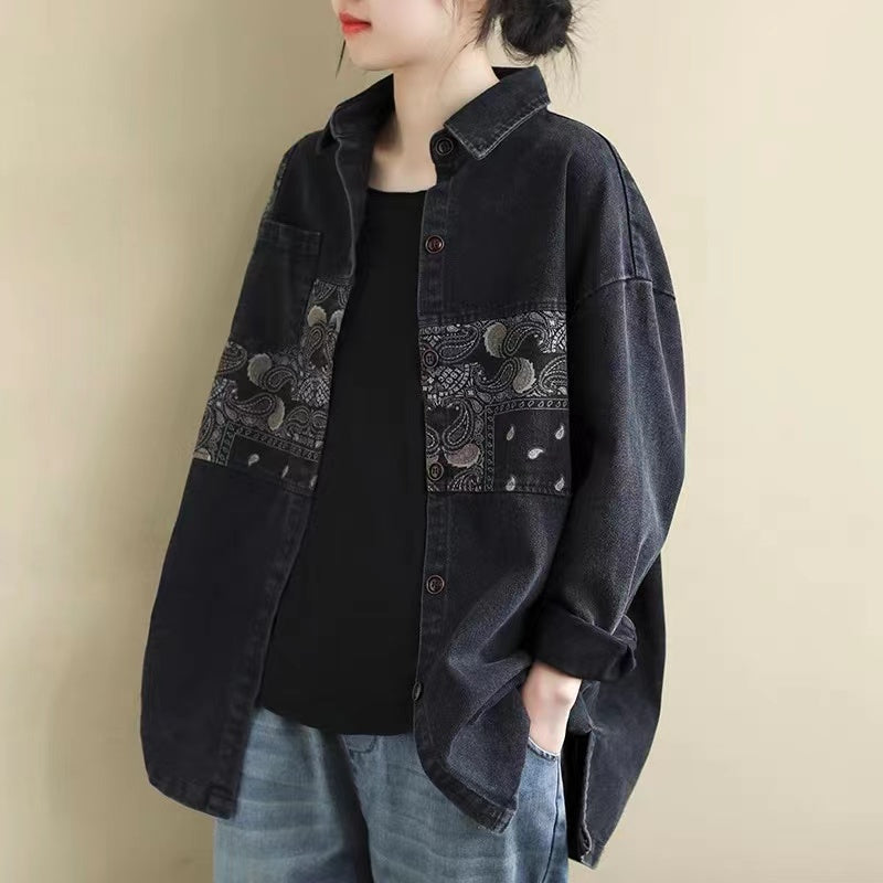 French Denim Cashew Print Long Sleeve Jacket