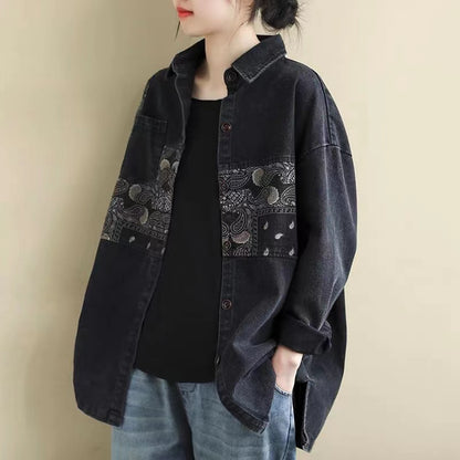 French Denim Cashew Print Long Sleeve Jacket