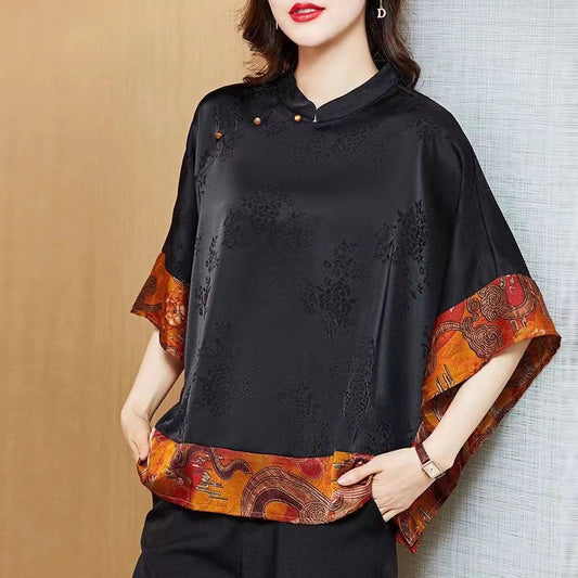 Vintage Black Patchwork Jacquard Silk Shirt Bat Sleeve