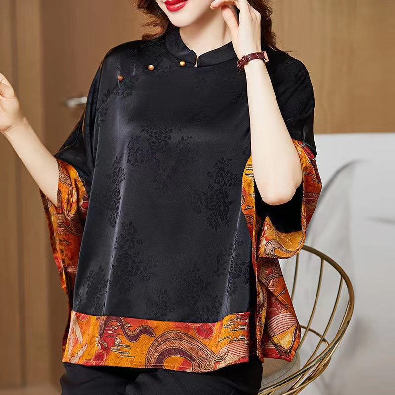 Vintage Black Patchwork Jacquard Silk Shirt Bat Sleeve