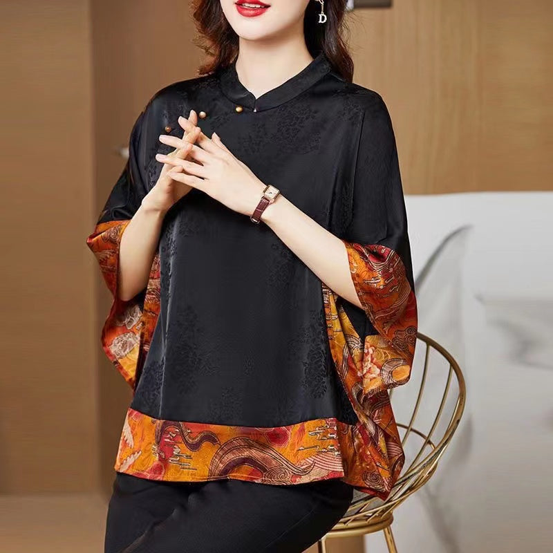 Vintage Black Patchwork Jacquard Silk Shirt Bat Sleeve