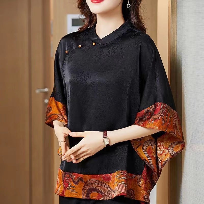Vintage Black Patchwork Jacquard Silk Shirt Bat Sleeve