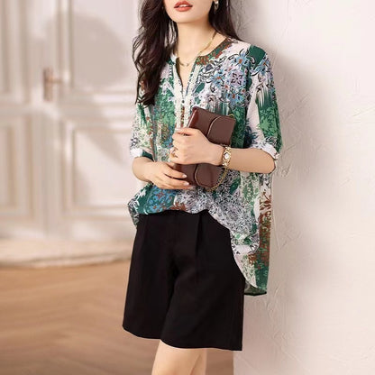 Vintage V-Neck Thin Printed Lace Patchwork Blouse