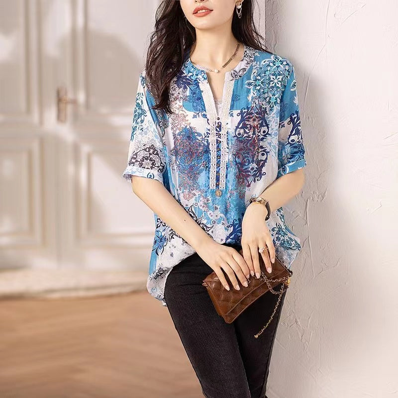Vintage V-Neck Thin Printed Lace Patchwork Blouse