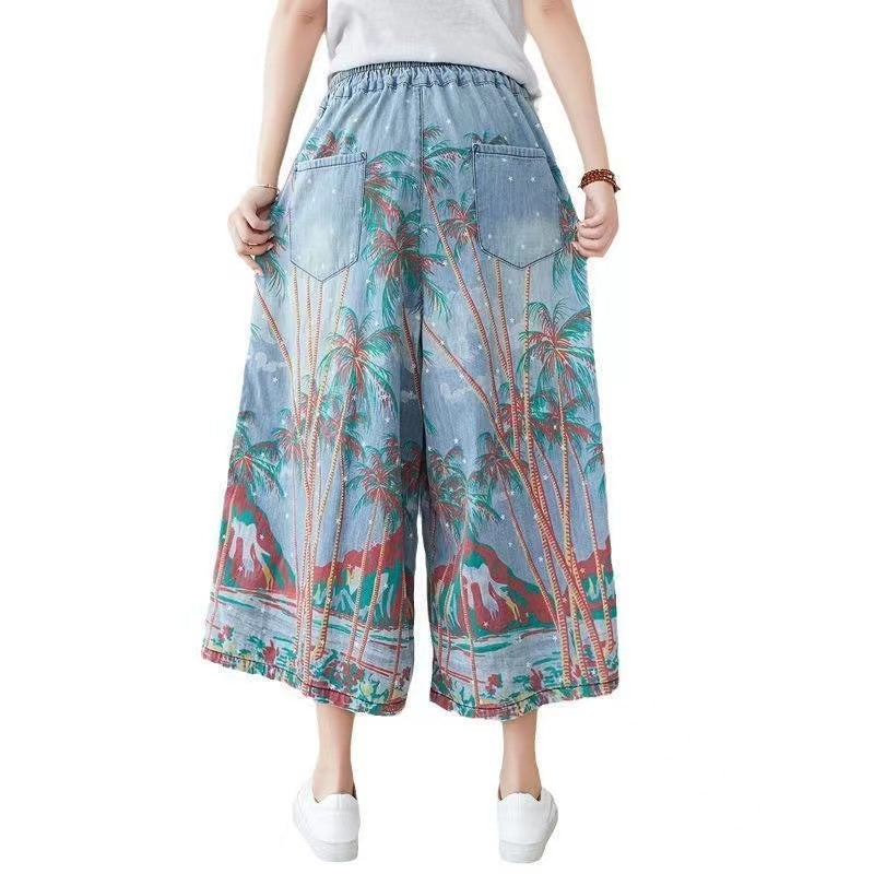 Women's Printed Pocket Elasticated Drawstring Wide Leg Jeans