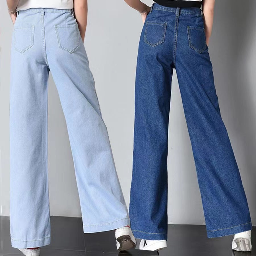 Versatile large pockets straight casual jeans