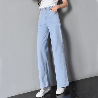 Versatile large pockets straight casual jeans