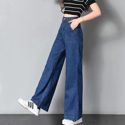 Versatile large pockets straight casual jeans