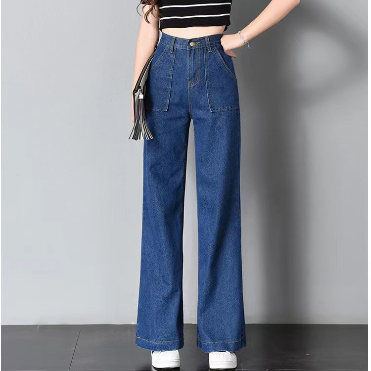 Versatile large pockets straight casual jeans