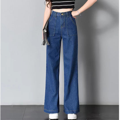 Versatile large pockets straight casual jeans
