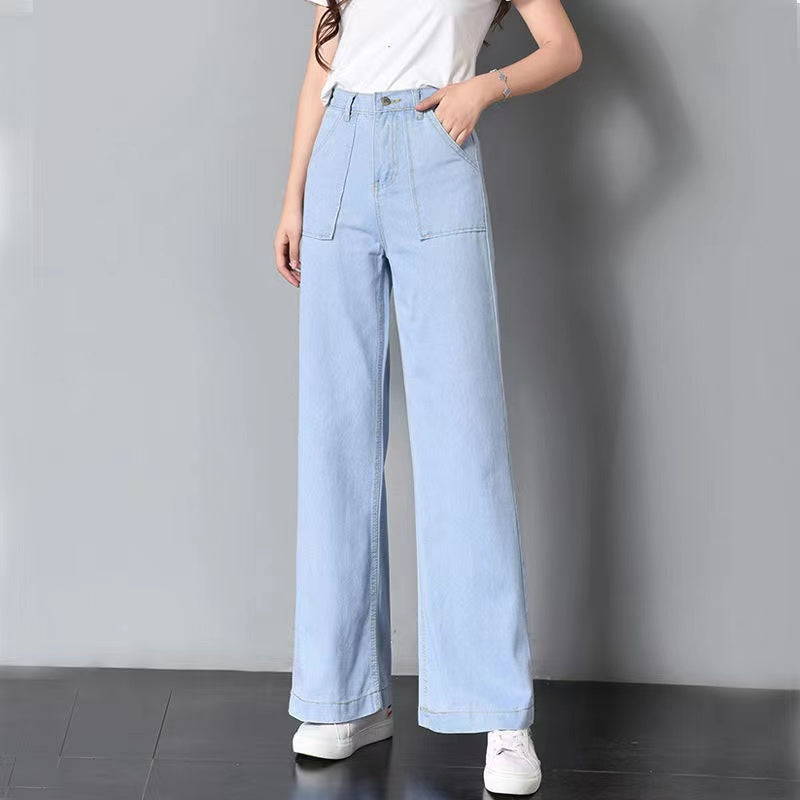 Versatile large pockets straight casual jeans