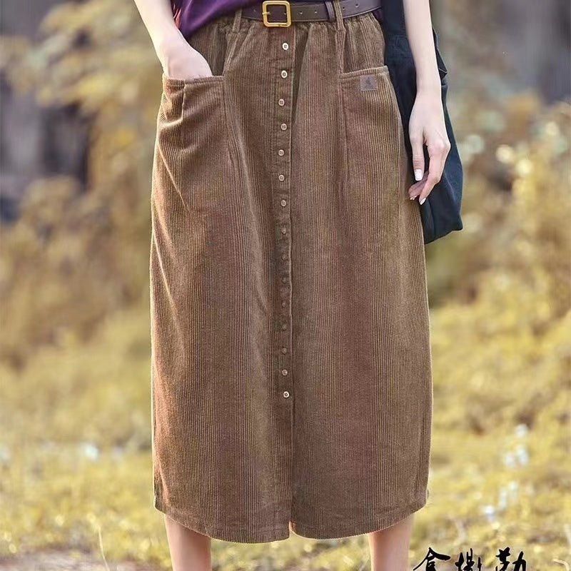 A-line Straight Pocket Button Long Skirt