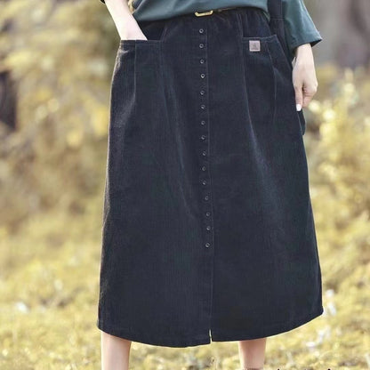 A-line Straight Pocket Button Long Skirt