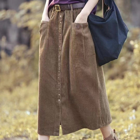 A-line Straight Pocket Button Long Skirt