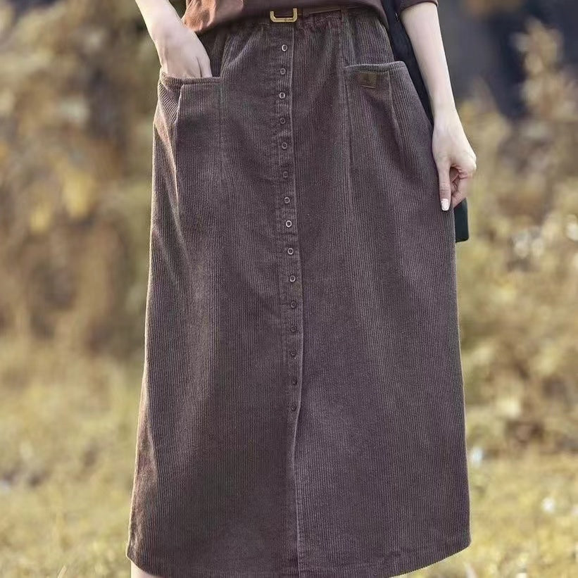 A-line Straight Pocket Button Long Skirt