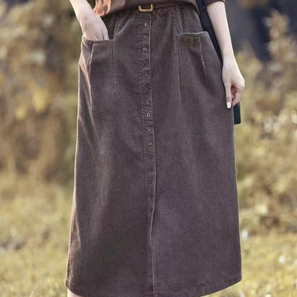 A-line Straight Pocket Button Long Skirt