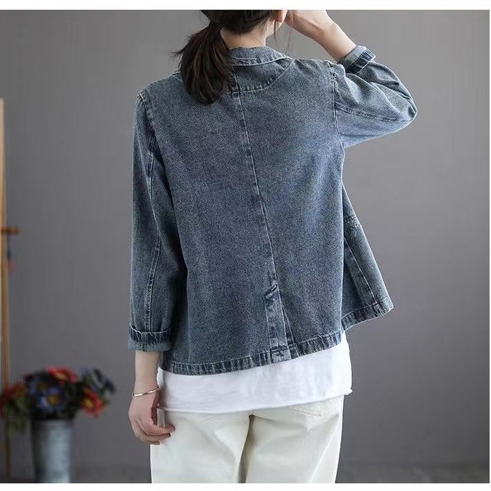 Loose Retro Patchwork Printed Blazer Denim Jacket