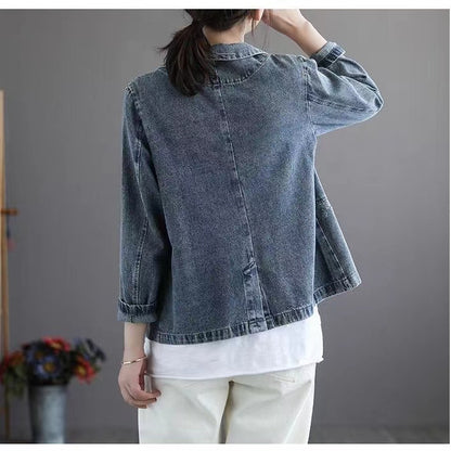 Loose Retro Patchwork Printed Blazer Denim Jacket