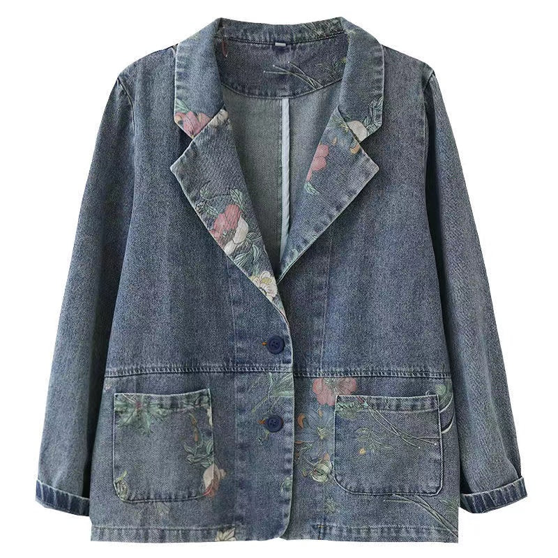 Loose Retro Patchwork Printed Blazer Denim Jacket
