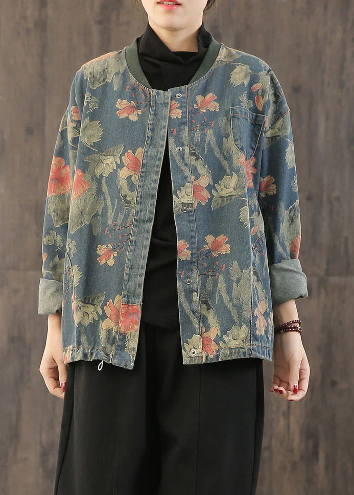 Floral Print Button Pocket Denim Jacket