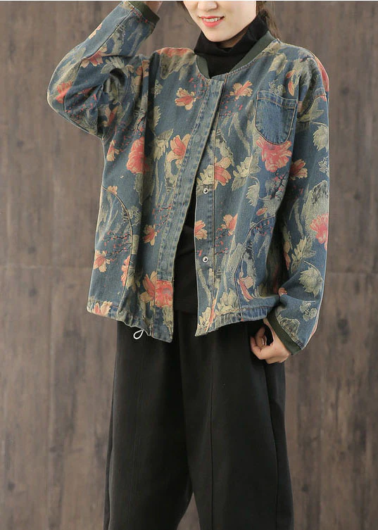 Floral Print Button Pocket Denim Jacket