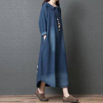 Loose Lapel Button Irregular Pocket Denim Dress