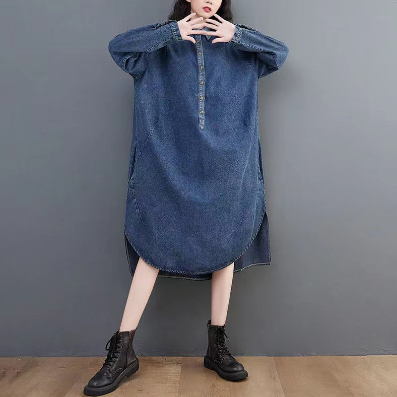 Lapel Button Asymmetric Long Sleeve Denim Dress