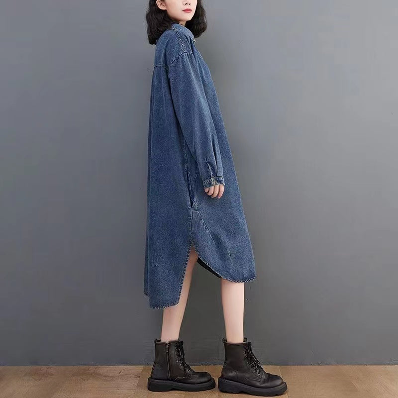 Lapel Button Asymmetric Long Sleeve Denim Dress