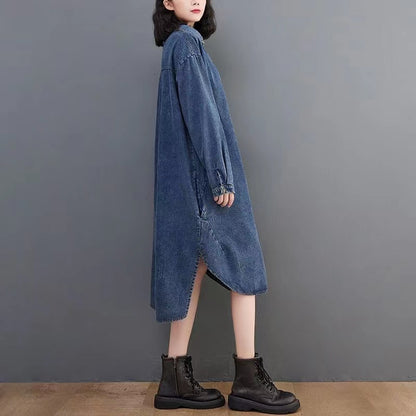 Lapel Button Asymmetric Long Sleeve Denim Dress