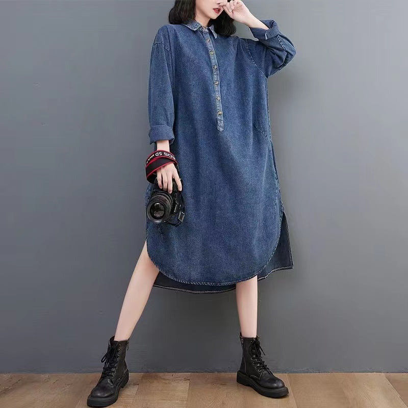 Lapel Button Asymmetric Long Sleeve Denim Dress