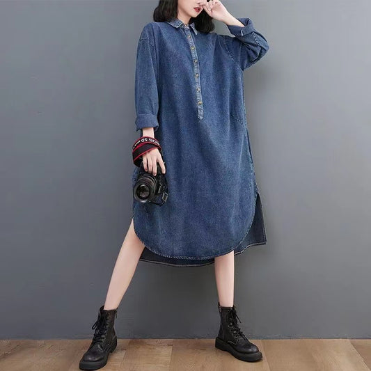 Lapel Button Asymmetric Long Sleeve Denim Dress