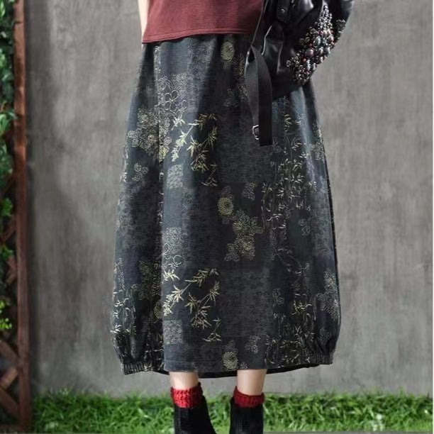 Vintage Floral Elastic Waist Pocket Denim Skirt