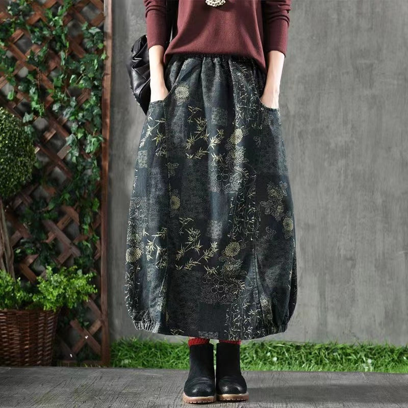 Vintage Floral Elastic Waist Pocket Denim Skirt
