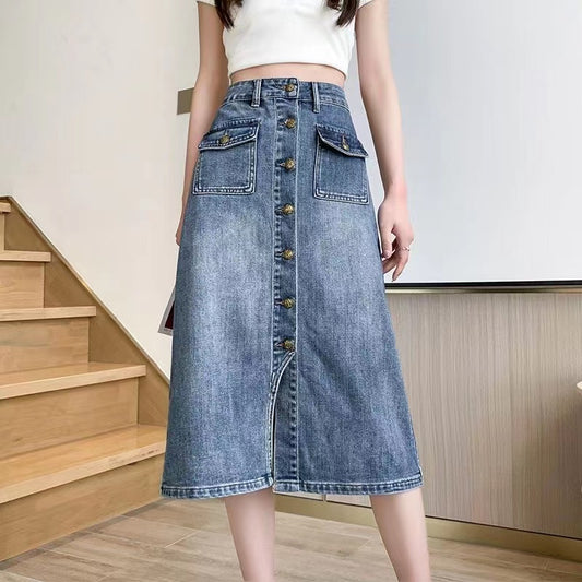 High Waist Pocket Button Split Midi Skirt