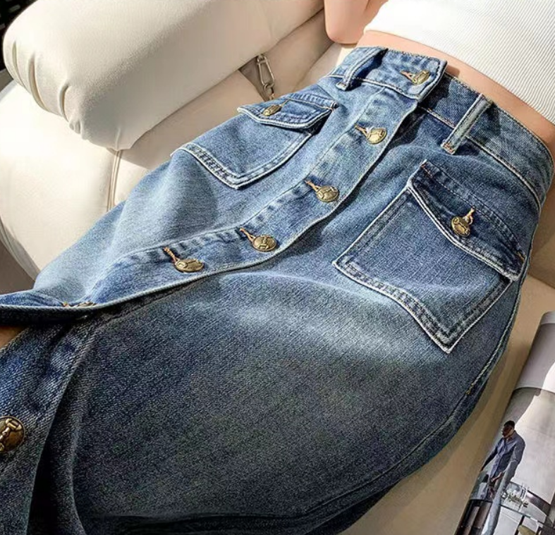 High Waist Pocket Button Split Midi Skirt